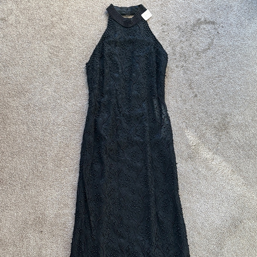 Elegant Beaded Black Halter Dress